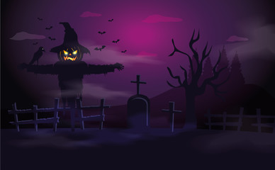 Fototapeta premium scarecrow with tomb in halloween scene
