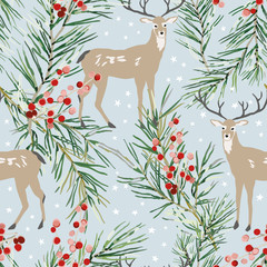 Christmas seamless pattern, blue background. Forest deer animals, green pine twigs, red berries, white stars. Vector illustration. Nature design. Season greeting. Winter Xmas holidays