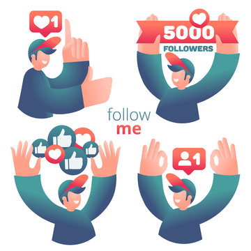 Set of icons with male blogger using social media to promote services and goods for followers online.