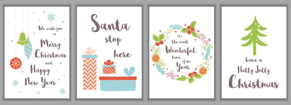 Merry Christmas greeting cards set Cute invitations template Xmas tree gift wreath decorations