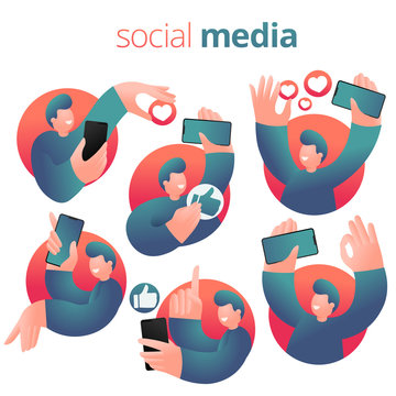 Social Networking expression guy with smartphone. Set of icons