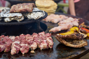 Cooking meat on the grill. Traditional Black Sea street food.
