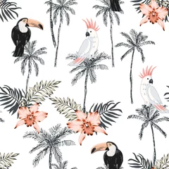 Behang Afrikaanse dieren Papegaaien, toekans, palmsilhouet, roze orchideebloem, bladeren, witte achtergrond. Vector naadloos patroon. Tropische illustratie. Exotische planten, vogels. Zomer strand ontwerp. Paradijs natuur