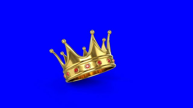 Golden crown falling on a colored background. Animation with chromakey