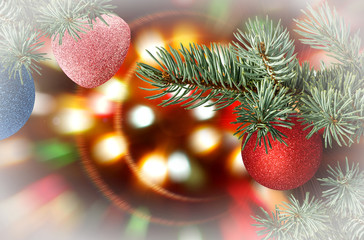 christmas ball hanging on ribbon and christmas tree.Holiday bokeh. Abstract  background
