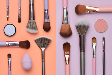 Fashion beauty product fall layout. Woman Essentials cosmetic makeup autumn Set. Collection beauty accessories. Trendy Brushes, art Design Flat lay. Creative make up shopping concept on coral