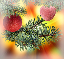 Christmas ball hanging on ribbon and christmas tree.Holiday bokeh. Abstract  background