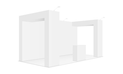 Exhibition display booth with columns and table - side view. Vector illustration