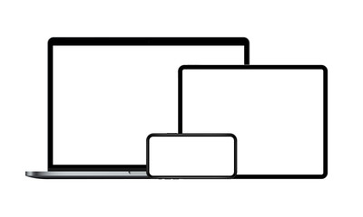 Set of modern devices mockups with blank screens: laptop, tablet computer, smartphone. Vector illustration