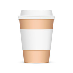 Cardboard coffee cup with sleeve mockup - front view. Vector illustration