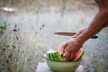 Mens hands cut ripe watermelon into slices, picnic outside, selective focus