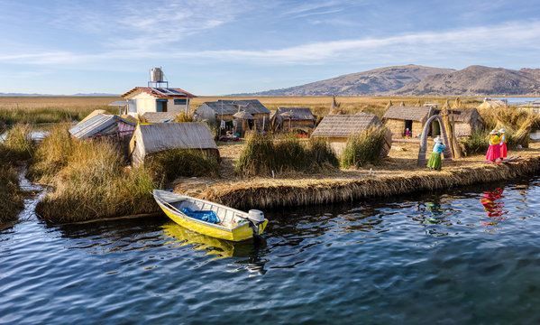 The floating and tourist Uros Islands of lake Titicaca, Puno, Peru, South America