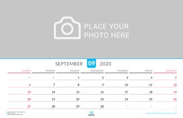 September 2020. Wall calendar planner with place for photo. Vector design print template. Week starts on Sunday. Landscape orientation