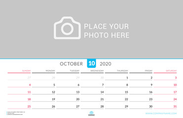 October 2020. Wall calendar planner with place for photo. Vector design print template. Week starts on Sunday. Landscape orientation