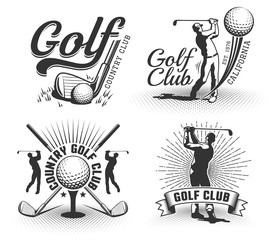 Golf logos with clubs, balls and golfers. Vintage country golf club emblems. Vector badge in retro style. - obrazy, fototapety, plakaty