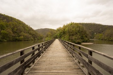 Pont en bois sur un lac vers une forêt