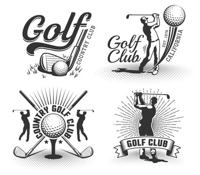 Golf logos with clubs, balls and golfers. Vintage country golf club emblems. Vector badge in retro style.