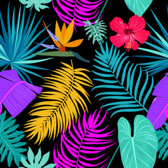 Fototapeta na wymiar Vector tropical jungle seamless pattern with palm tree leaves