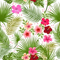 Fotobehang Vector tropical jungle seamless pattern with palm tree leaves © Artlu