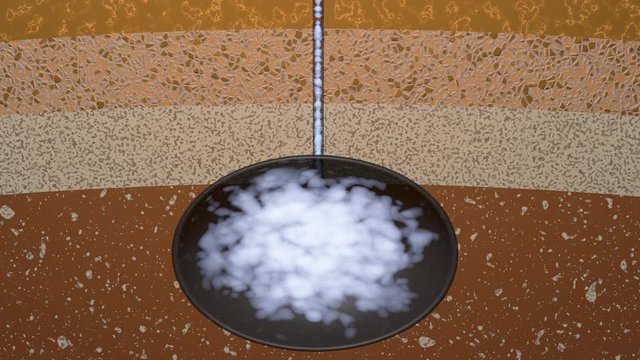 Gas drilling rig , tower pipe going into earth , geological layers . Hole to reservoir. . 3d animation