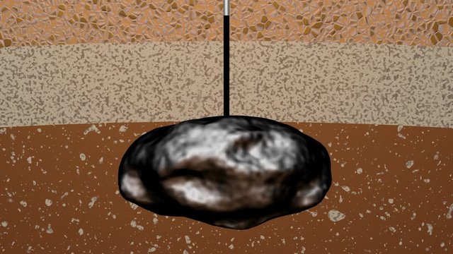 Oil rig drills deep into earth , geological layers . Pipe , hole to oil deposit . 3d animation