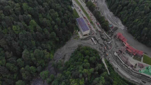 Aerial view landslide Cleared By Bulldozer On Road in Rosa Khutor, Sochi, Russia
