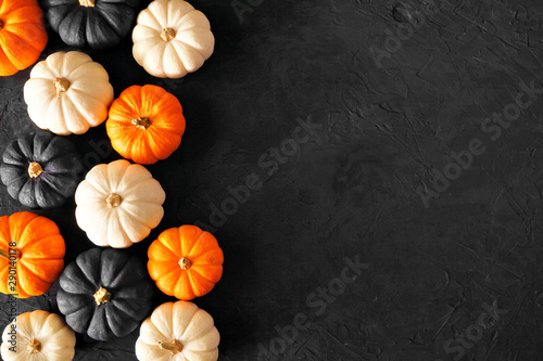 Autumn pumpkin side border in Halloween colors orange, black and white against a black stone background. Copy space.