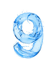 Number 9 made of water splashes, isolated on a white background