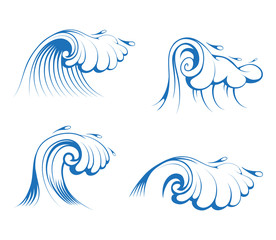 Seascape. Ocean and Sea Waves set for Emblem or Logo Template. Collection of Marine Waves. Vector graphics to design.