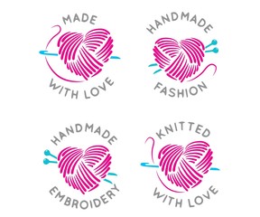  made and knitted with love, Vector set of logo design templates in simple linear style - handmade fashion and crafts badges - emblems handmade embroidery,