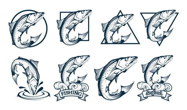 Salmon Logo. Fish Logo Template. Fresh Fish Sticker Concept. Fish Badge. Seafood Logo. Sea Fish. Hand Drawn Seafood Emblems. Vector graphics to design.