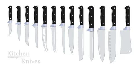 Fotobehang Different Types of Kitchen Knives. Cutlery Chef's: Meat Cleaver, Small Bread, Carving, Banning, Paring, Steak, Bread. Collection of Kitchenware Knives for various Purposes. Vector graphics to design. © avtorpainter