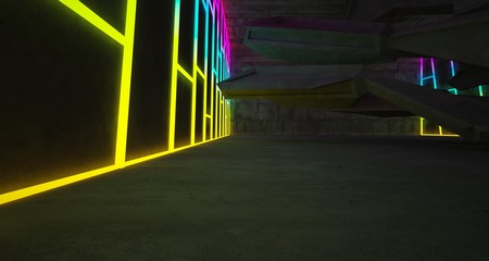 Abstract architectural concrete interior of a minimalist house with color gradient neon lighting. 3D illustration and rendering.