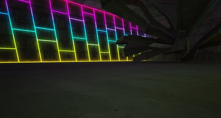 Abstract architectural concrete interior of a minimalist house with color gradient neon lighting. 3D illustration and rendering.