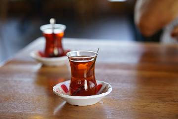 Turkish Tea on classic glass, it is a tradition serve after food any Turkish restaurant in Turkey 
