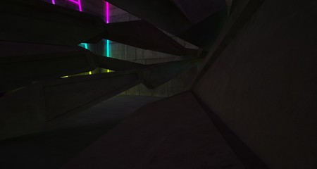 Abstract architectural concrete interior of a minimalist house with color gradient neon lighting. 3D illustration and rendering.