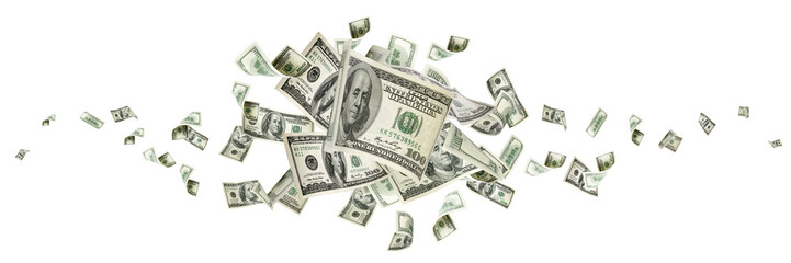 Money stack. Hundred dollars of America. Falling money isolated, us bill.