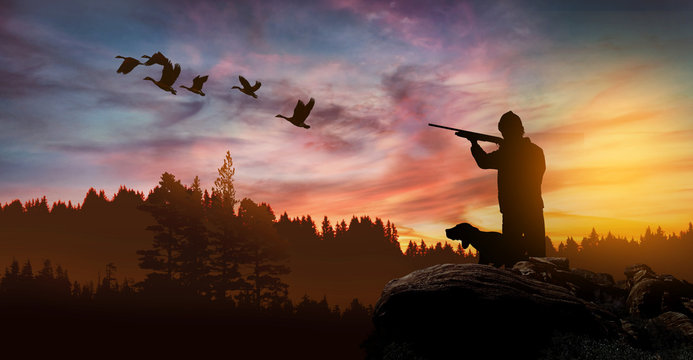 hunter with dog at sunset