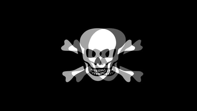 Skull And Crossbones Icon Old Vintage Twitched Bad Signal Screen Effect 4K Animation. Twitch, Noise, Glitch Loop with Alpha Channel.