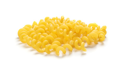 Raw yellow cavatappi pasta isolated on white background