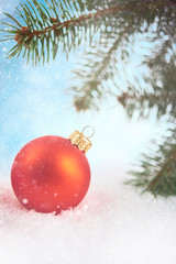 Naklejka na ściany i meble Christmas Card - Red Baubles And Snowflakes With Snowfall