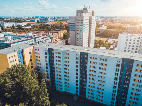 Plattenbau buildings at berlin, germany from the drone view