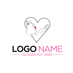 Lip Love girl and heart logo design 