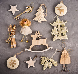 Christmas background. Set with a lot of different baubles and toys over concrete background. Christmas preparation concept