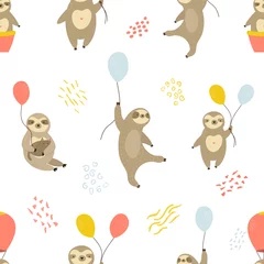 Wall murals Sloths Seamless pattern with cute sloths and air balloons