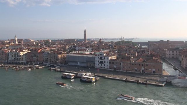 Venice, Italy: Aerial view of Venice waterfront: Promenade "Riva Ca' di Dio", Rio dell'Arsenale and Venetian Arsenal  (Italian: Arsenale di Venezia) in the background, (view from a cruise liner)