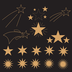 Beautiful stars on a dark background. Falling gold stars vector set Icons of meteorites and comets - vector. Meteorites and comets collection.