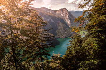 Panorama view of Idyllic Konigssee, a beautiful alpine lake in Bavaria, Germany