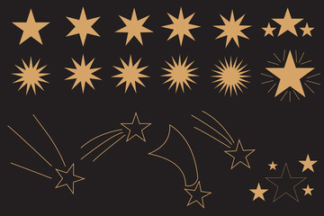 Beautiful stars on a dark background. Falling gold stars vector set Icons of meteorites and comets - vector. Meteorites and comets collection.