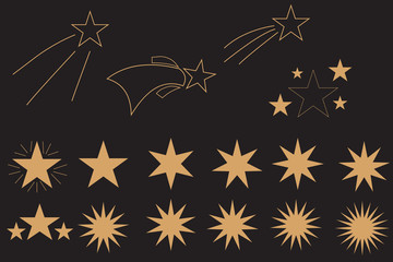 Beautiful stars on a dark background. Falling gold stars vector set Icons of meteorites and comets - vector. Meteorites and comets collection.